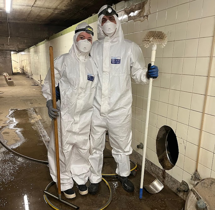 Helfende im Ganzkörperanzug bei Arbeiten in einem überfluteten Weinkeller